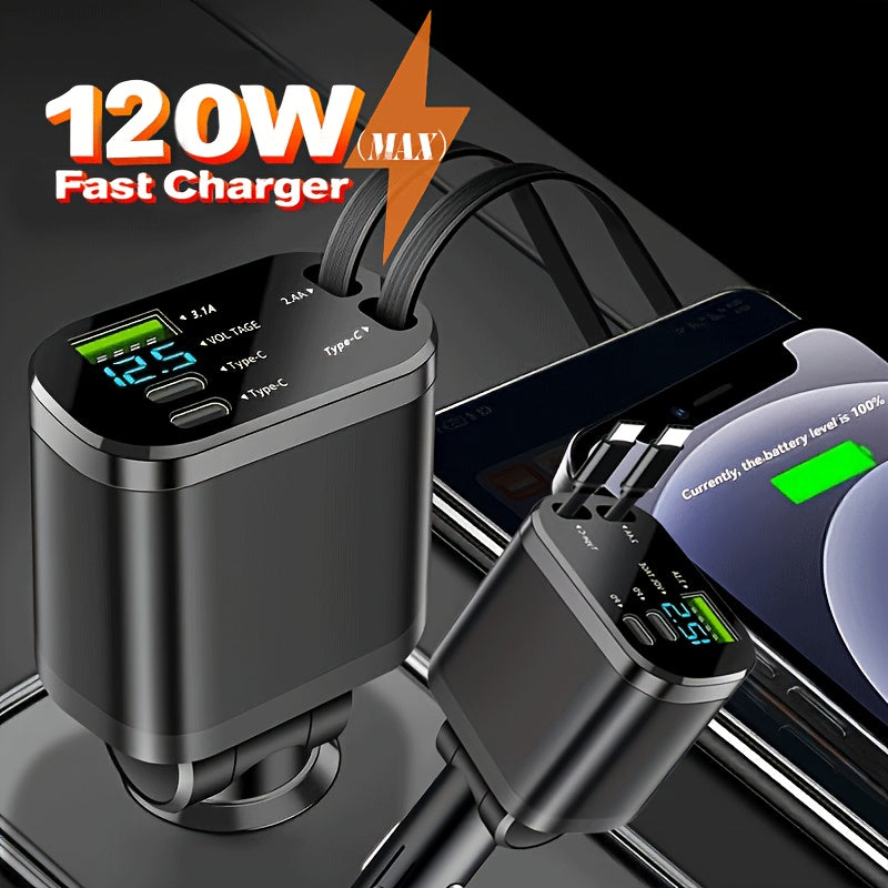 Chargeur Voiture Rapide 120W Rétractable + 2 Câbles USB-C | Prix au Maroc | R-PHONE